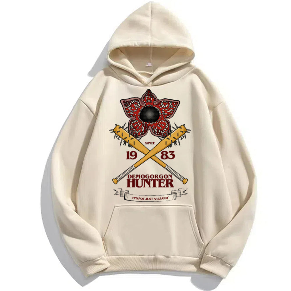 Pull beige Stranger Things Demogorgon Hunter since 1983 vu de face