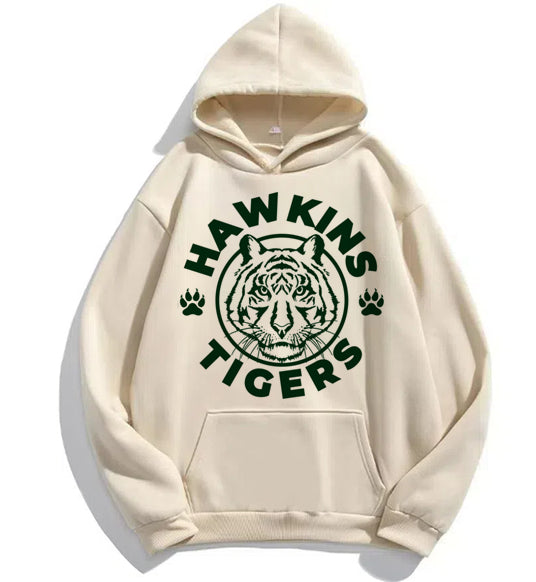 Pull beige Stranger Things Hawkins Tigers vu de face