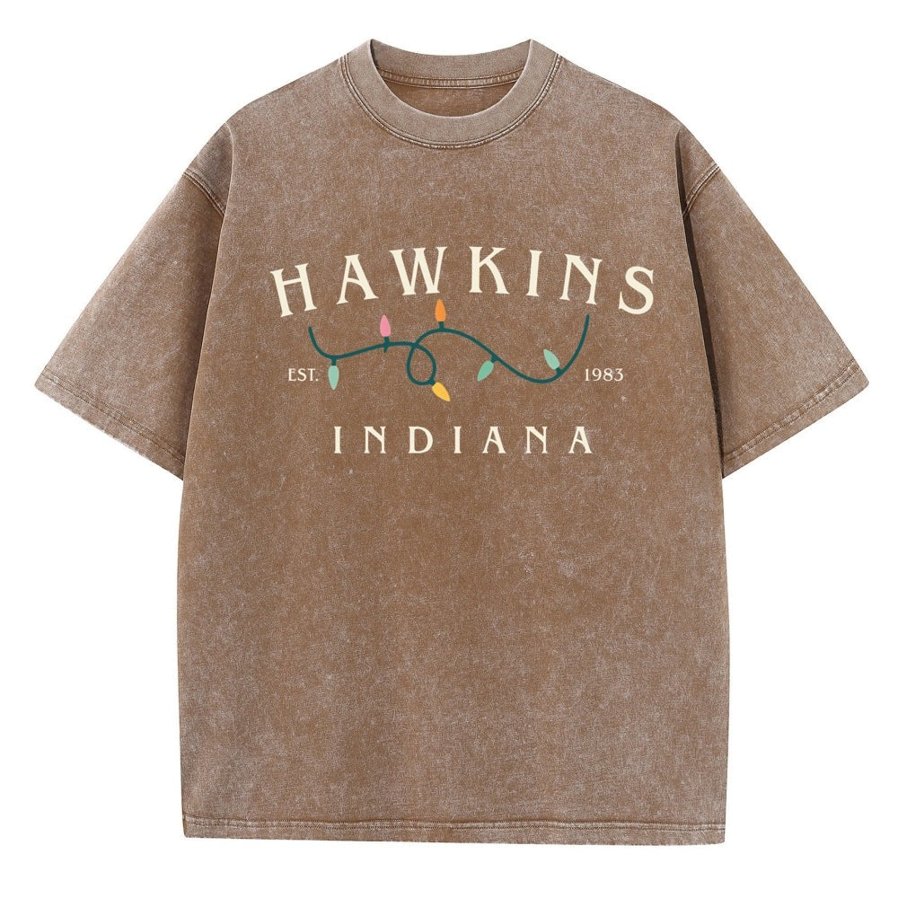 Men's washed T-shirt Stranger Things Hawkins Indiana lights – color brown