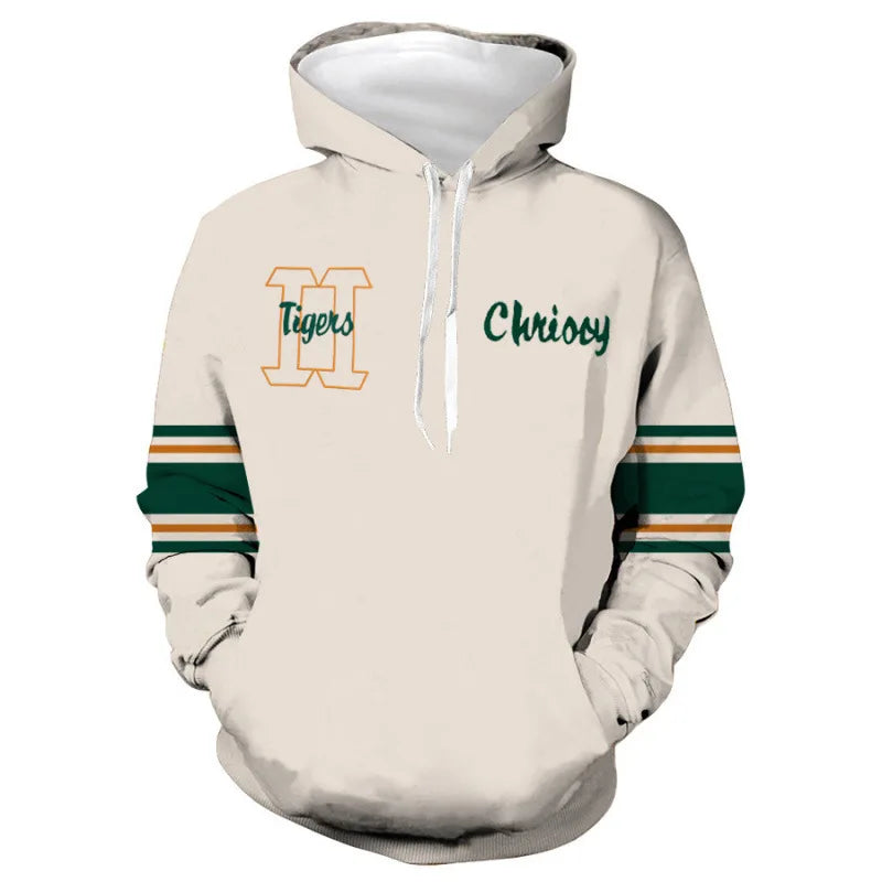 Chrissy Stranger Things pullover hoodie, front view, H Tigers and Chrissy embroidery