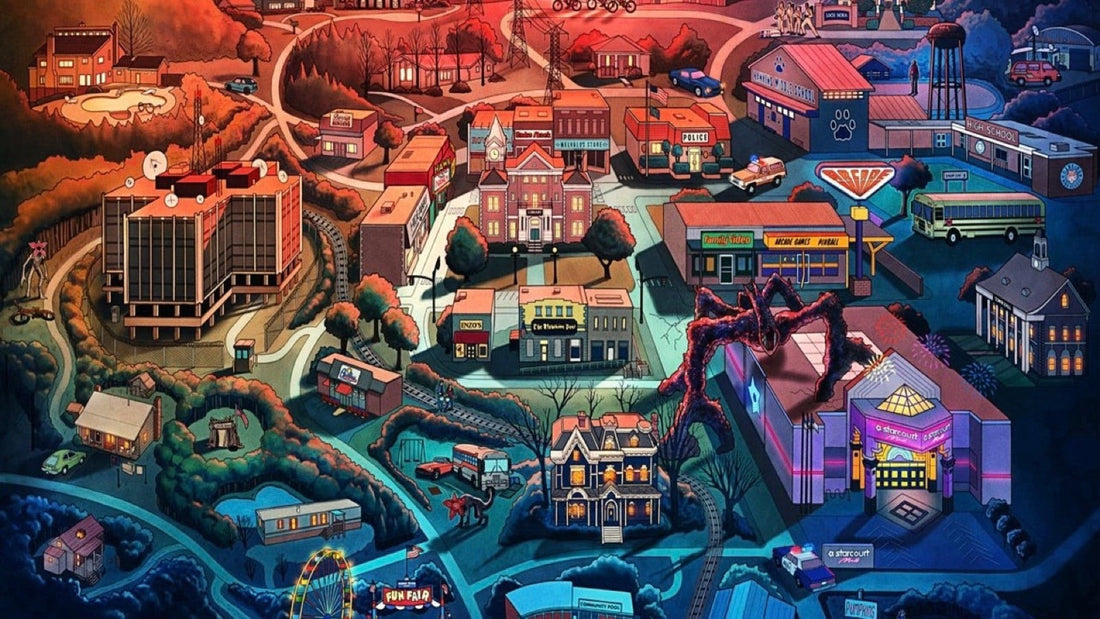 Illustrated map of Hawkins from above: the lab, the water tower and the red vines of the Upside Down