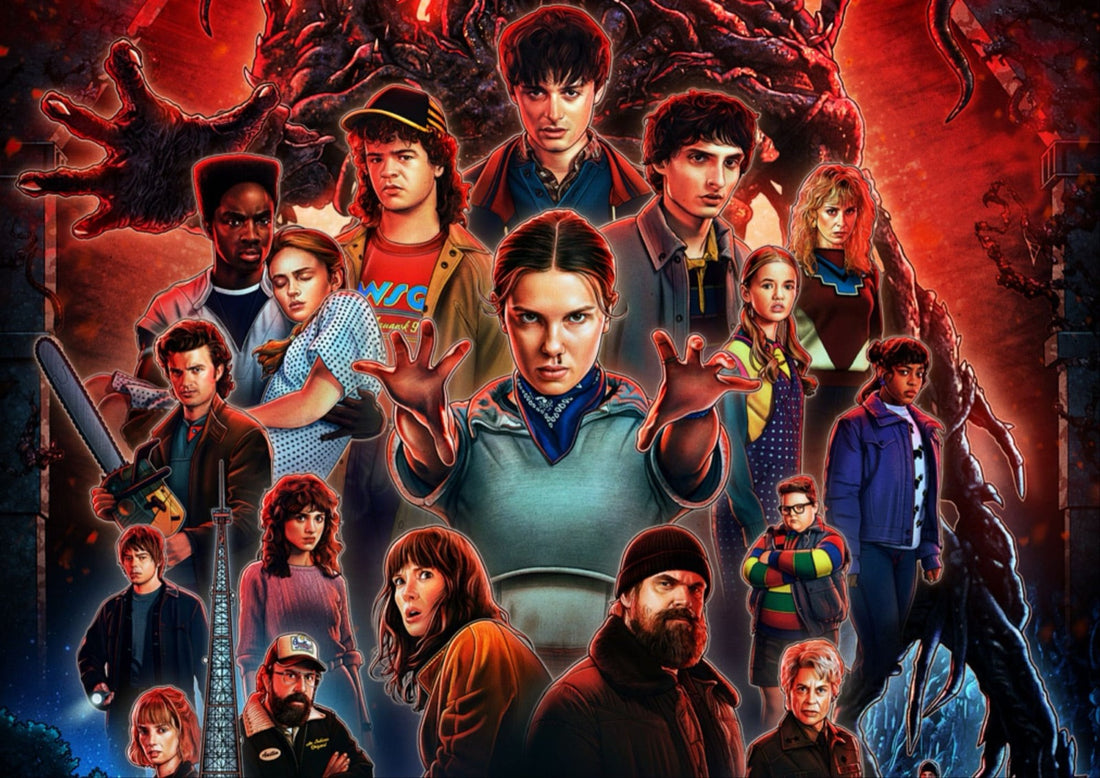 Stranger Things collage poster: some twenty faces in red and blue around a girl with palms raised