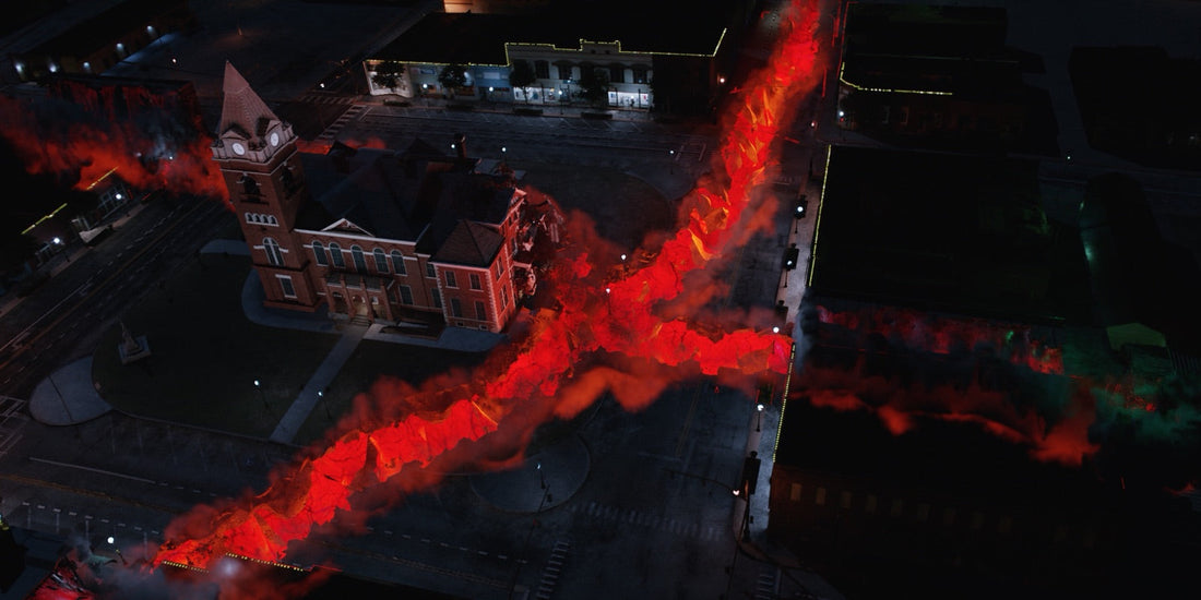 The red rift tearing Hawkins apart seen from above, at the end of season 4 of Stranger Things