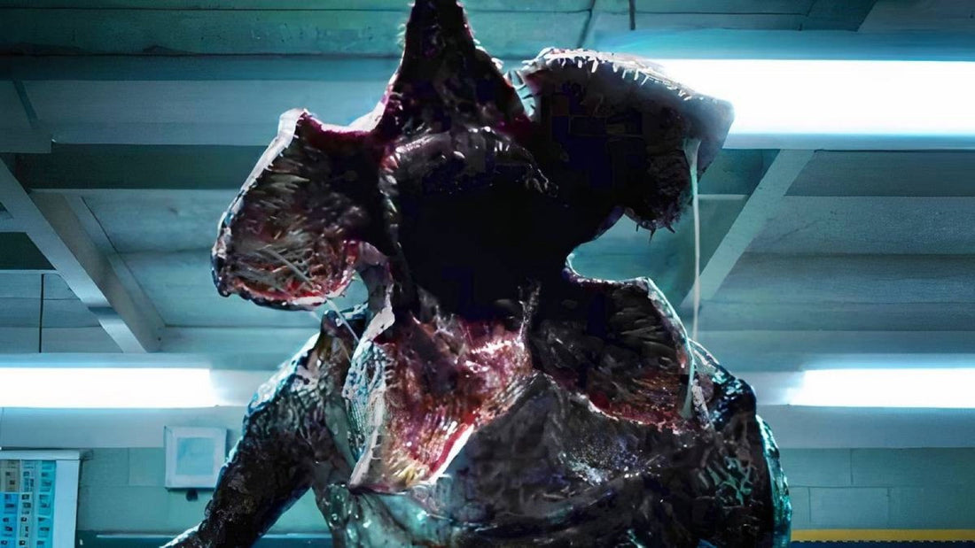The Demogorgon in a corridor lit by fluorescent lights, episode 8 of season 1 of Stranger Things