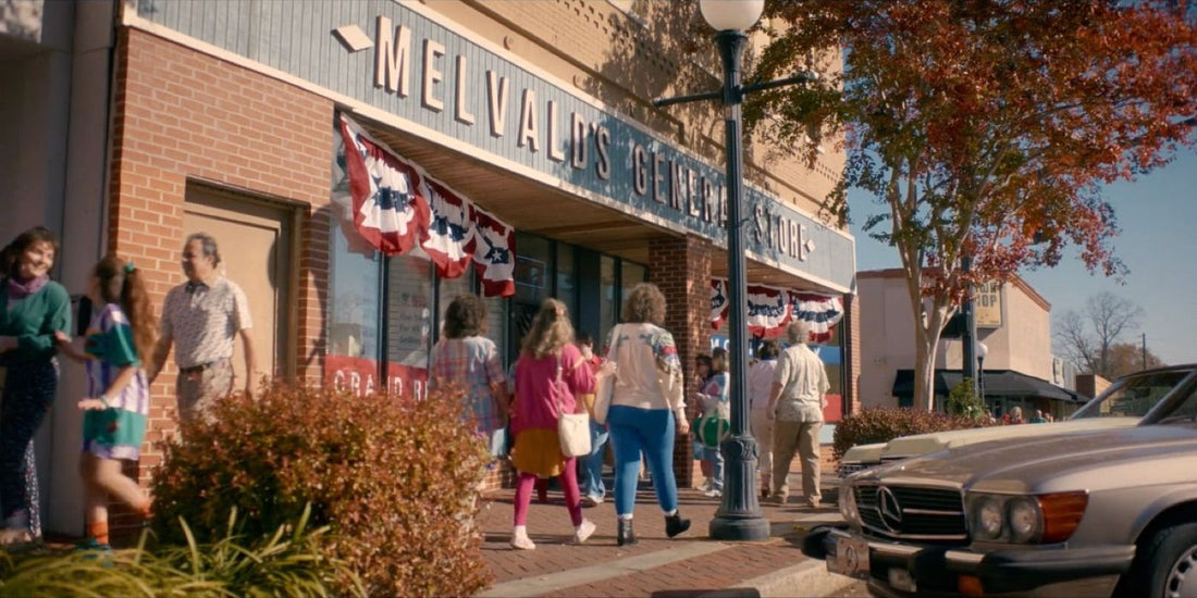 Front of the general store, banners and the downtown sidewalk