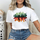 Women's T-shirt Stranger Things inverted forest on a white sky