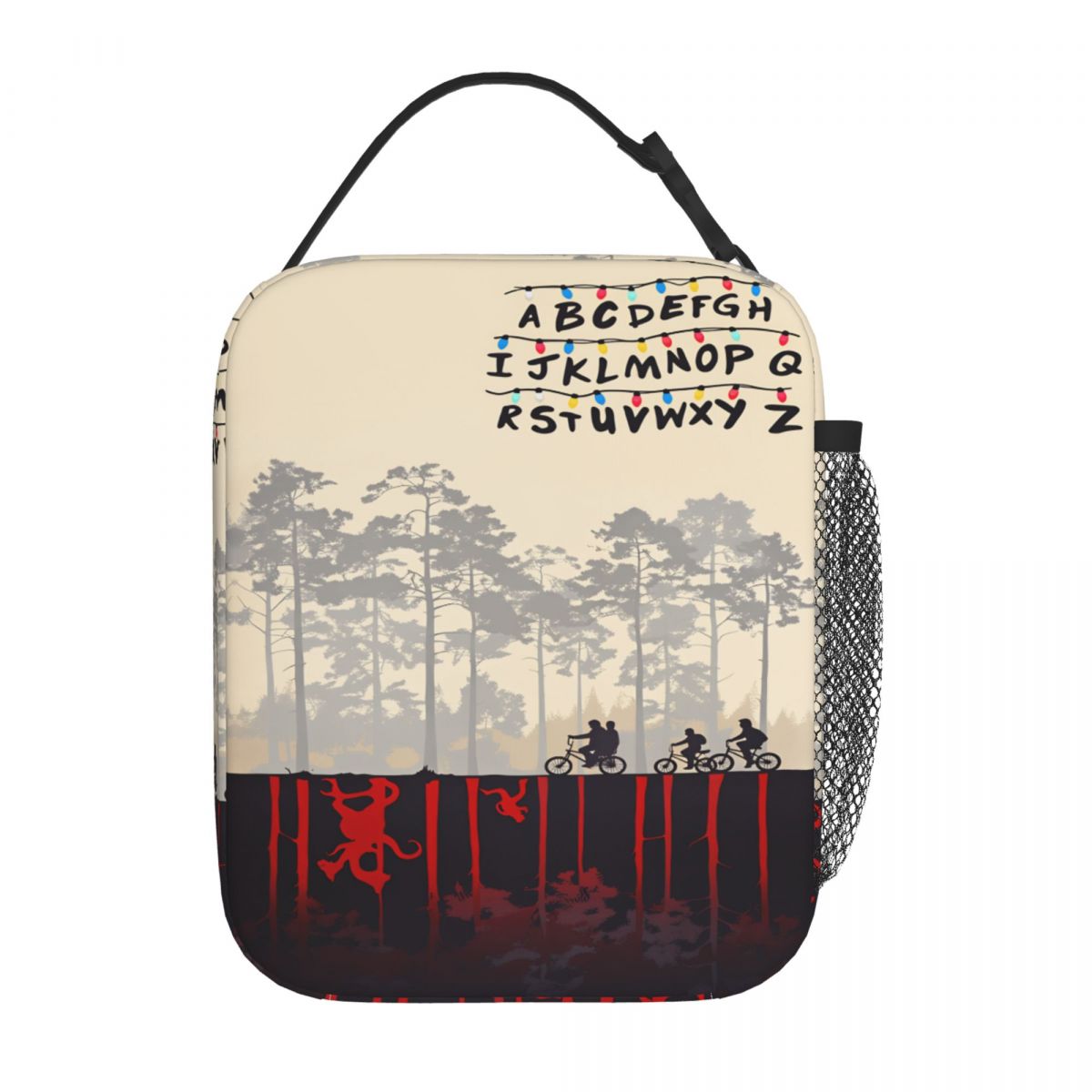 Sac isotherme Stranger Things mur alphabet forêt vu de face