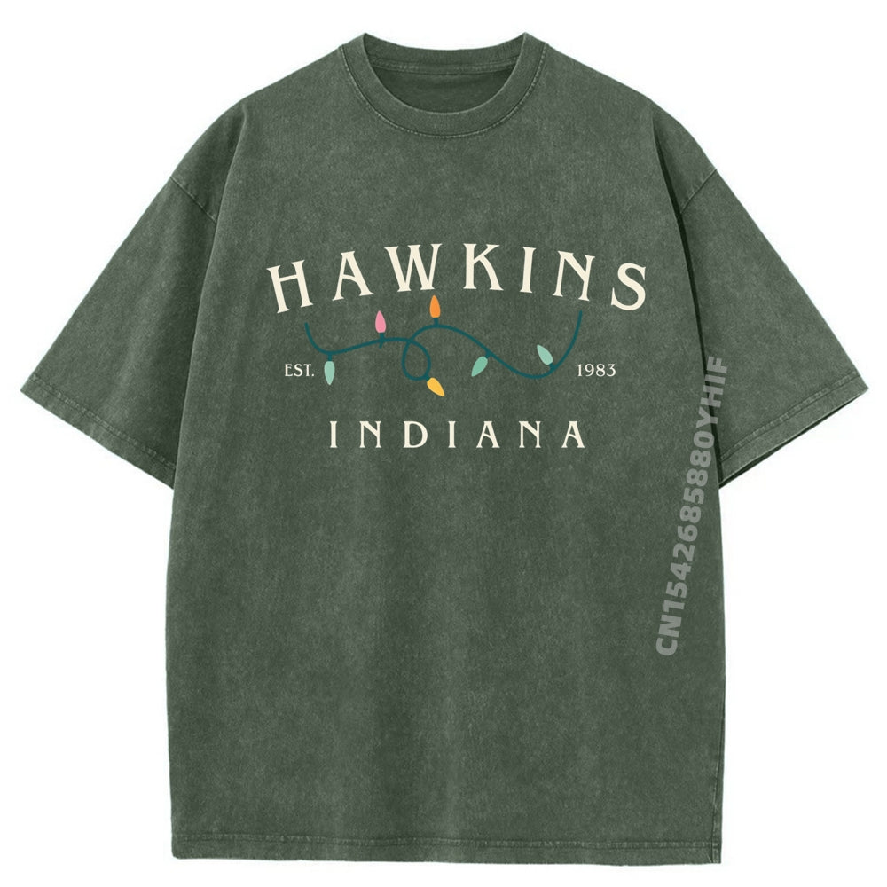 T-shirt homme délavé Stranger Things Hawkins Indiana guirlande – coloris XH230-5