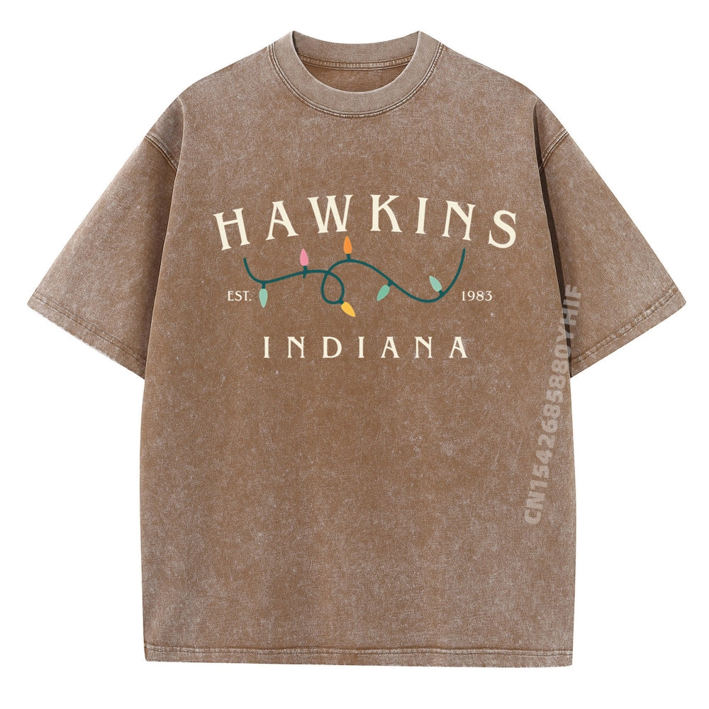 T-shirt homme délavé Stranger Things Hawkins Indiana guirlande – coloris XH230-9
