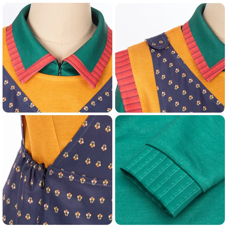 Details of the Holly Wheeler costume: green top's collar, orange vest and patterned purple fabric