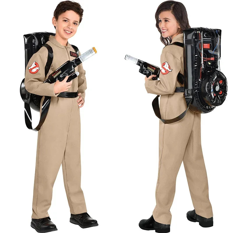 Kids in the Stranger Things Ghostbusters costume with backpack