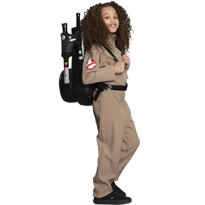 Girl in the Stranger Things season 2 Ghostbusters jumpsuit, side view