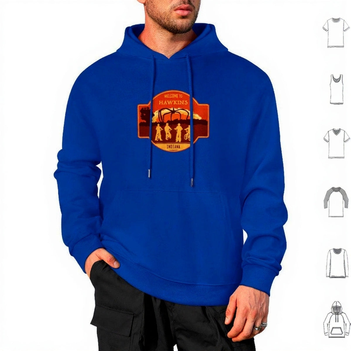 Hoodie Stranger Things Welcome to Hawkins Indiana écusson – coloris Bleu