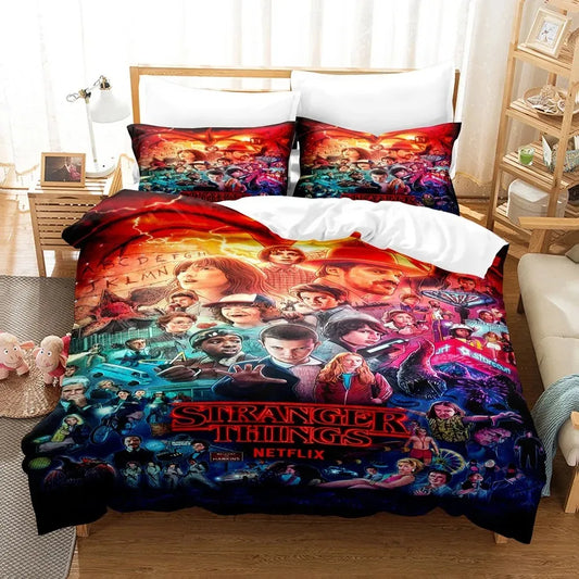 Stranger Things Bedding Set Collage of All the Characters on a bed, with matching pillowcases