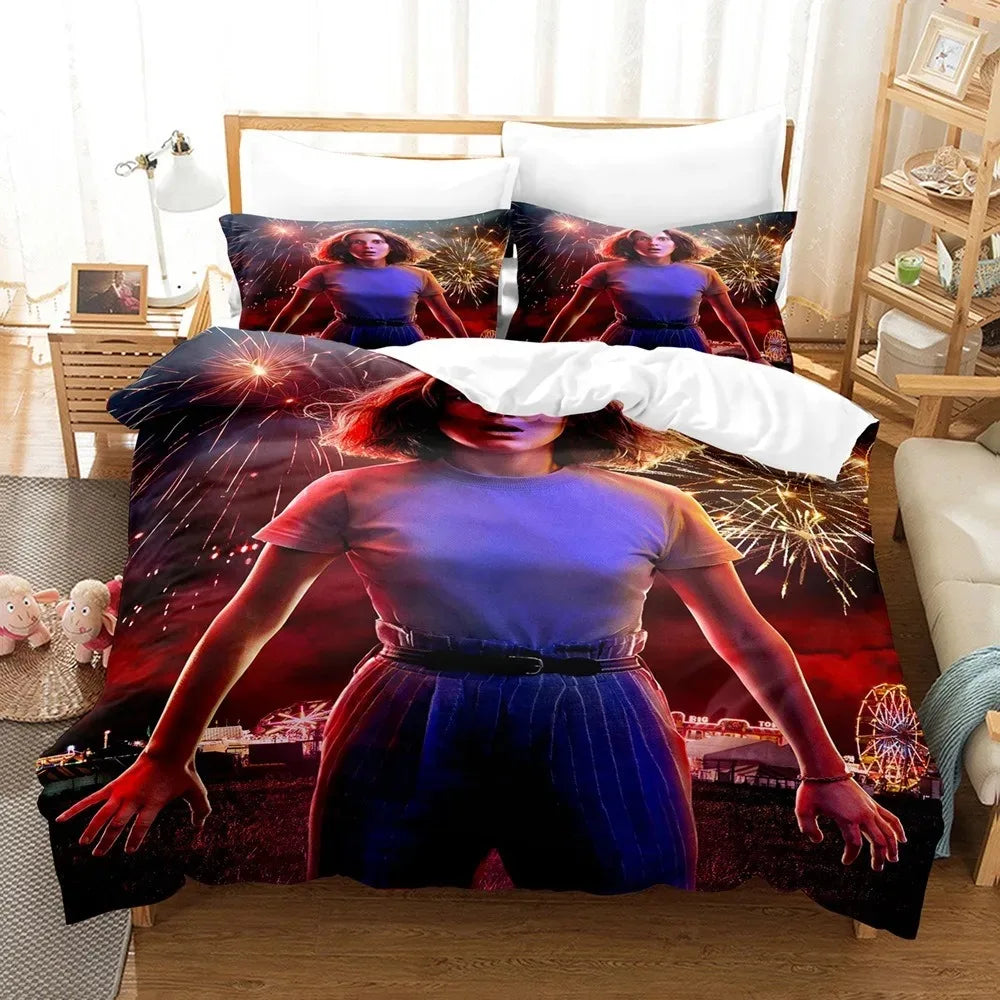 Stranger Things Bedding Set Season 3 Fireworks and Fair on a bed, with matching pillowcases