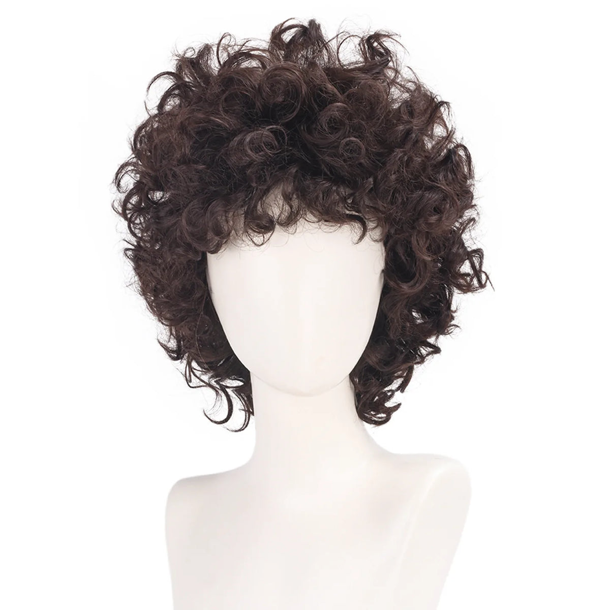 Stranger Things Dustin Henderson wig, short brown curls, front view