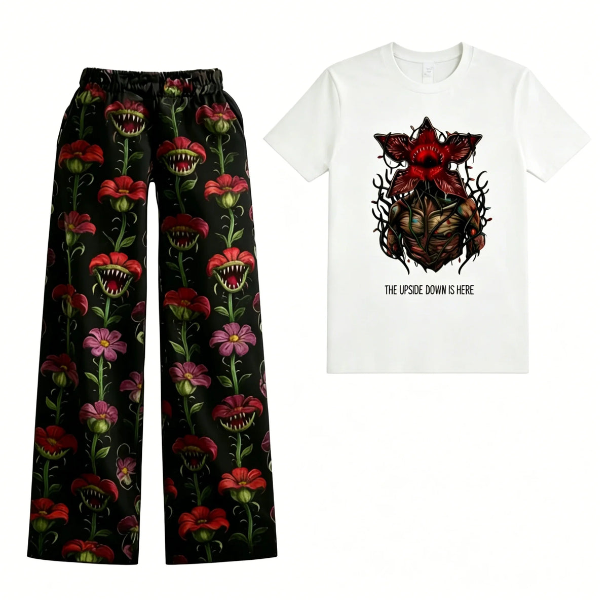 Stranger Things women's pajamas with white floral Demogorgon T-shirt and carnivorous flower pants