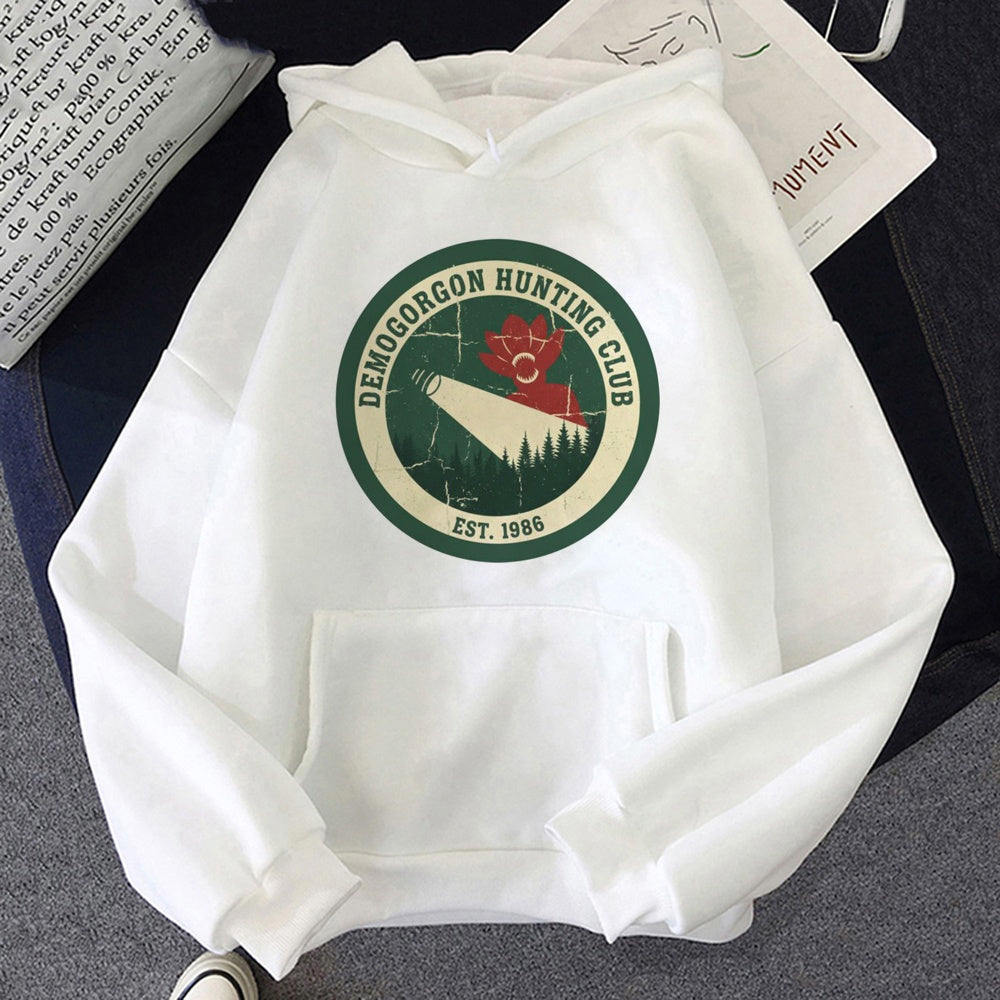 White Stranger Things hoodie Demogorgon Hunting Club, design printed on the front