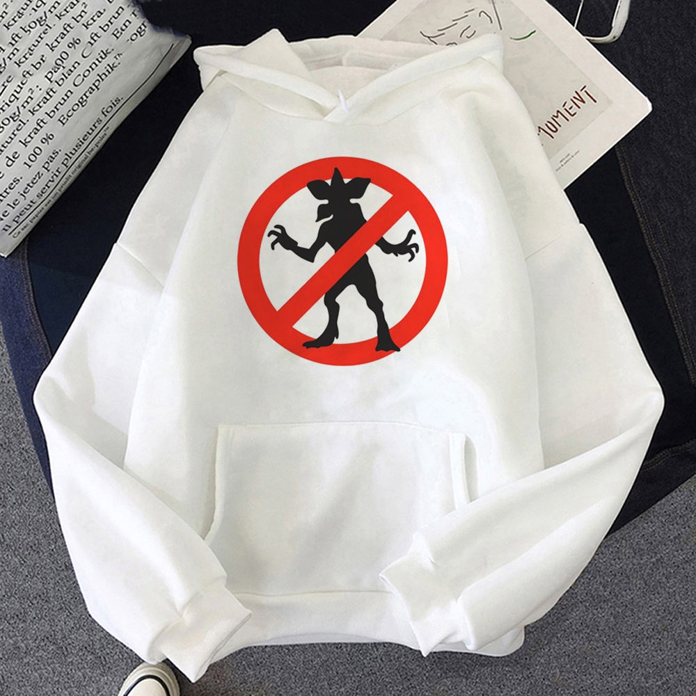 White Stranger Things hoodie no Demogorgon sign, design printed on the front