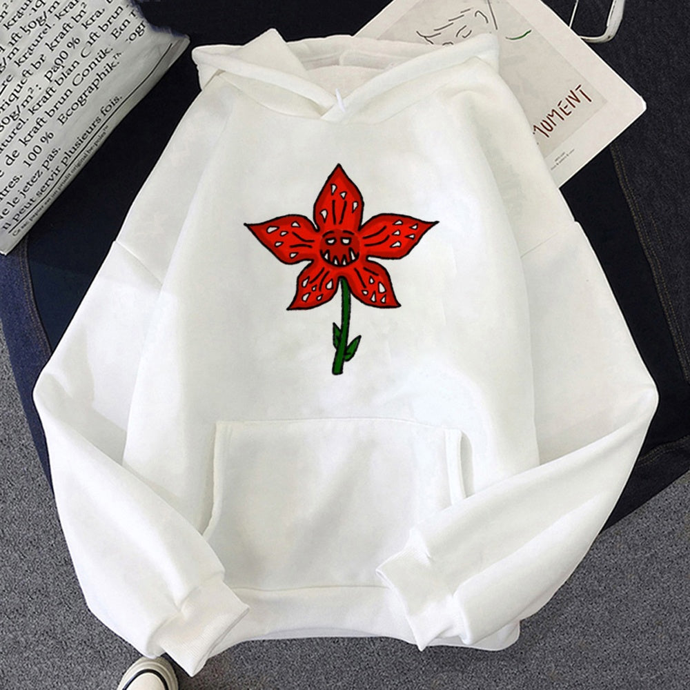 White Stranger Things hoodie Demogorgon flower, design printed on the front