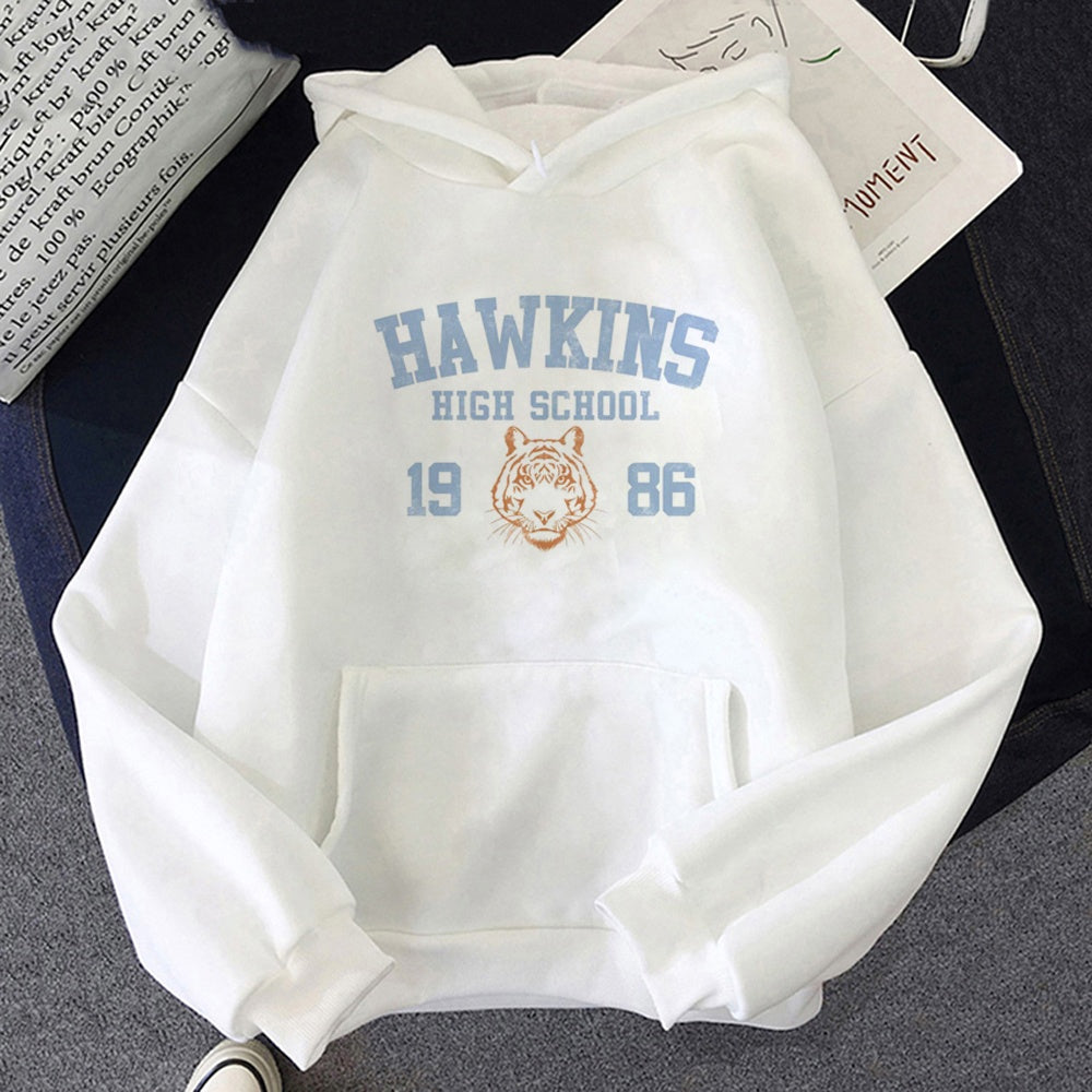White Stranger Things hoodie Hawkins High School 1986, design printed on the front