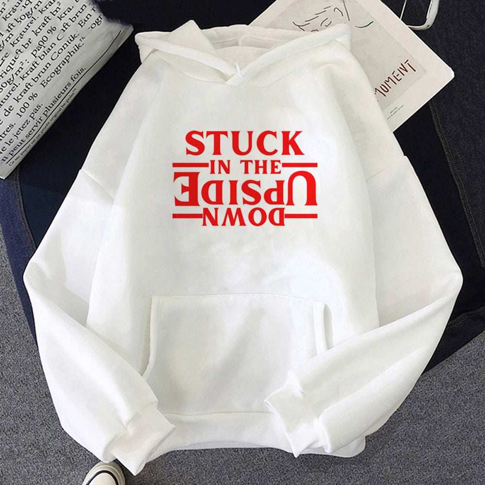 White Stranger Things hoodie Stuck in the Upside Down, design printed on the front