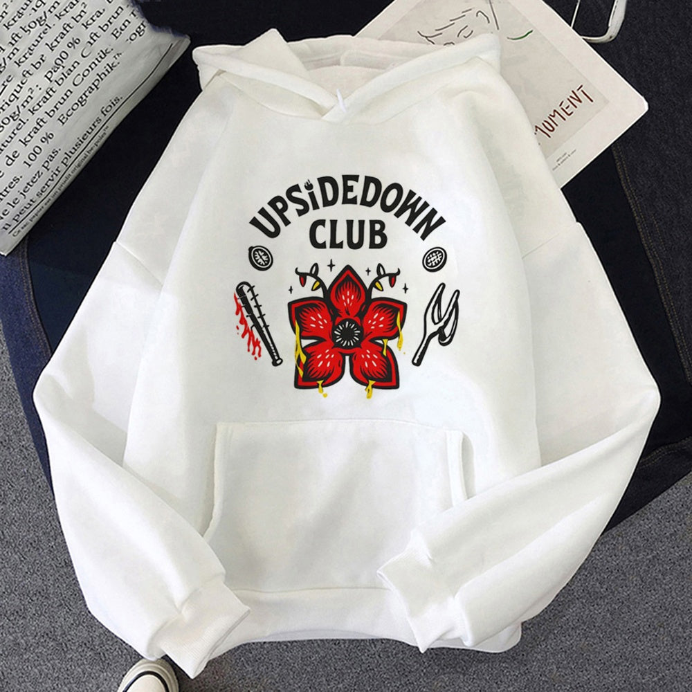 White Stranger Things hoodie Upside Down Club, design printed on the front