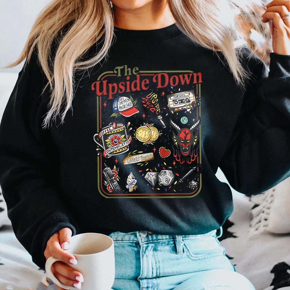 Stranger Things crewneck sweatshirt The Upside Down cult objects black, objects from the show as retro tattoos on the front