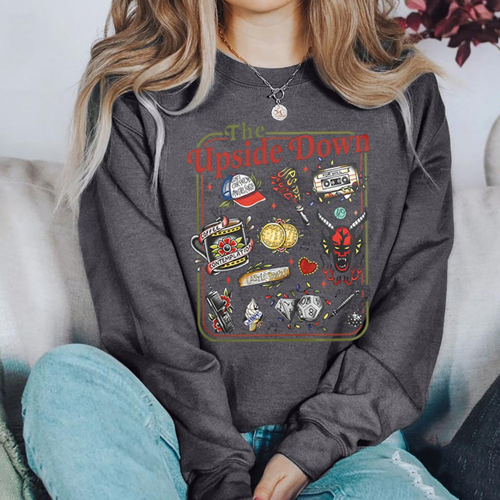 Stranger Things crewneck sweatshirt The Upside Down cult objects charcoal, objects from the show as retro tattoos on the front