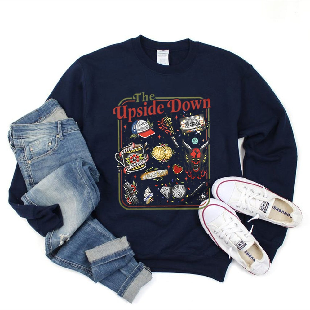 Stranger Things crewneck sweatshirt The Upside Down cult objects navy, objects from the show as retro tattoos on the front