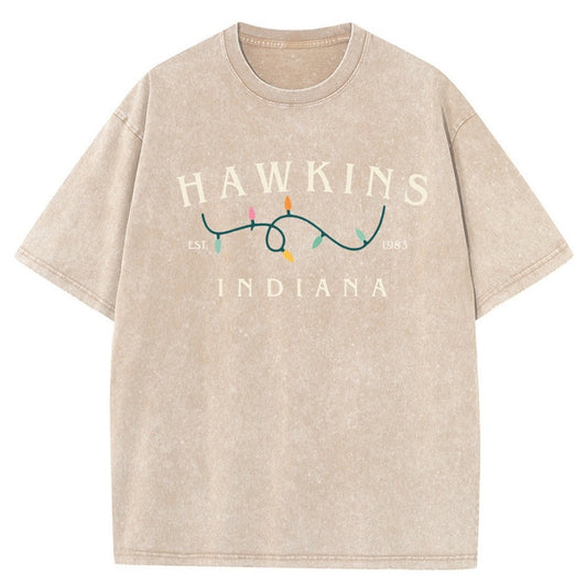 Men's washed T-shirt Stranger Things Hawkins Indiana lights – color beige