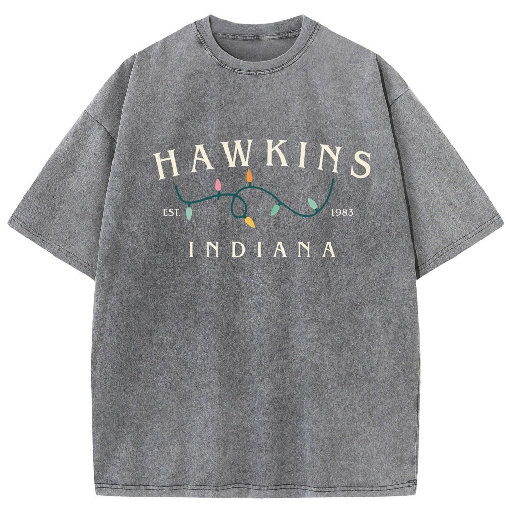 Men's washed T-shirt Stranger Things Hawkins Indiana lights – color gray