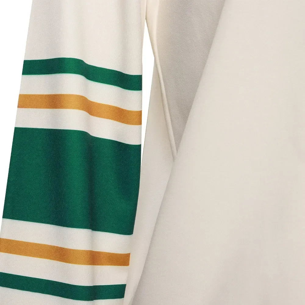 Green and orange stripes on the sleeve of the Chrissy Stranger Things jacket