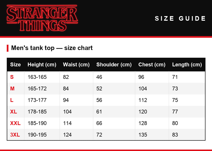 Size guide – Tank top Stranger Things portrait of Eleven