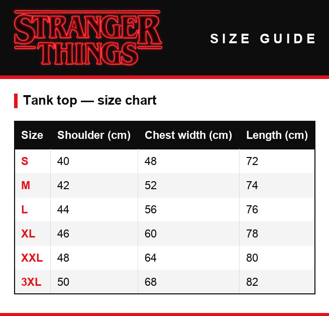 Size guide – Men's T-shirt Stranger Things The Upside Down retro poster