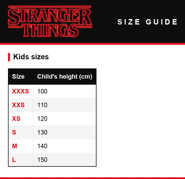 Size guide – Kids' T-shirt Stranger Things Running Up That Hill arrow