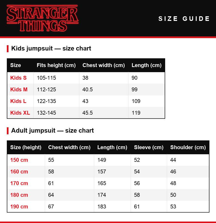 Size guide – Stranger Things Season 2 Ghostbusters Costume Kids and Adults