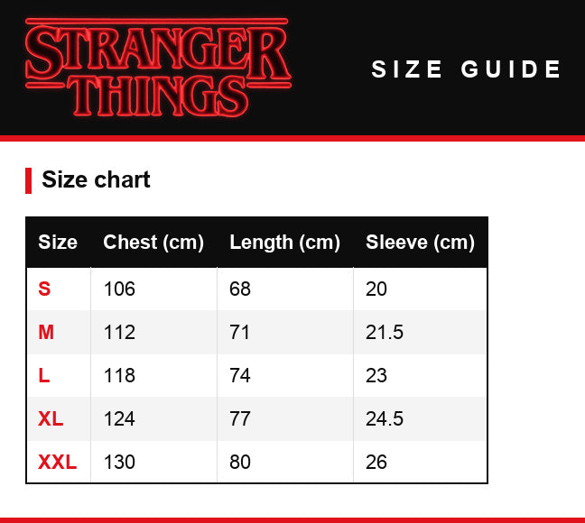 Size guide – Men's washed T-shirt Stranger Things Hawkins Indiana medallion
