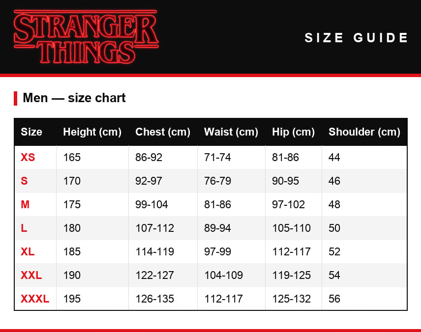 Size guide – Vest Stranger Things Scoops Ahoy Steve and Robin