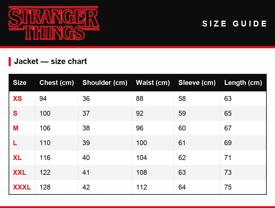 Size guide – Cosplay set Stranger Things Max Mayfield jacket and top