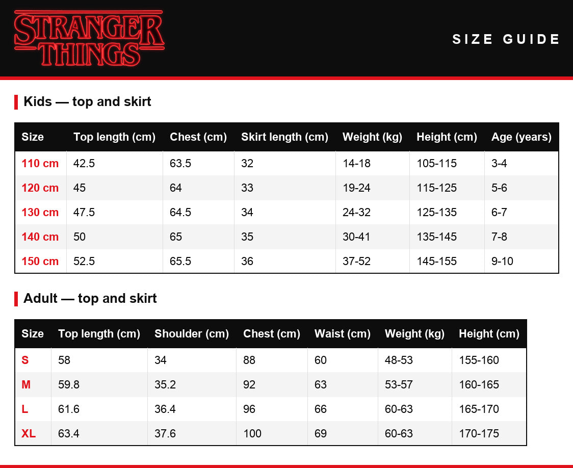 Size guide – Cheerleader outfit Stranger Things Hawkins top skirt and poms
