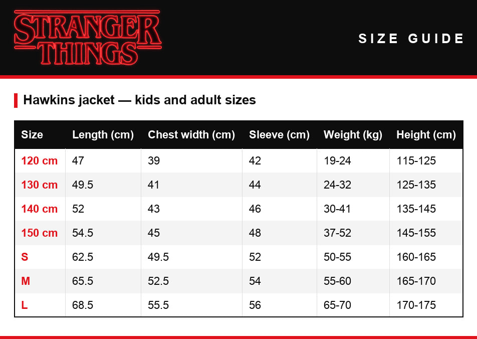 Size guide – Cheerleader teddy jacket Stranger Things Hawkins