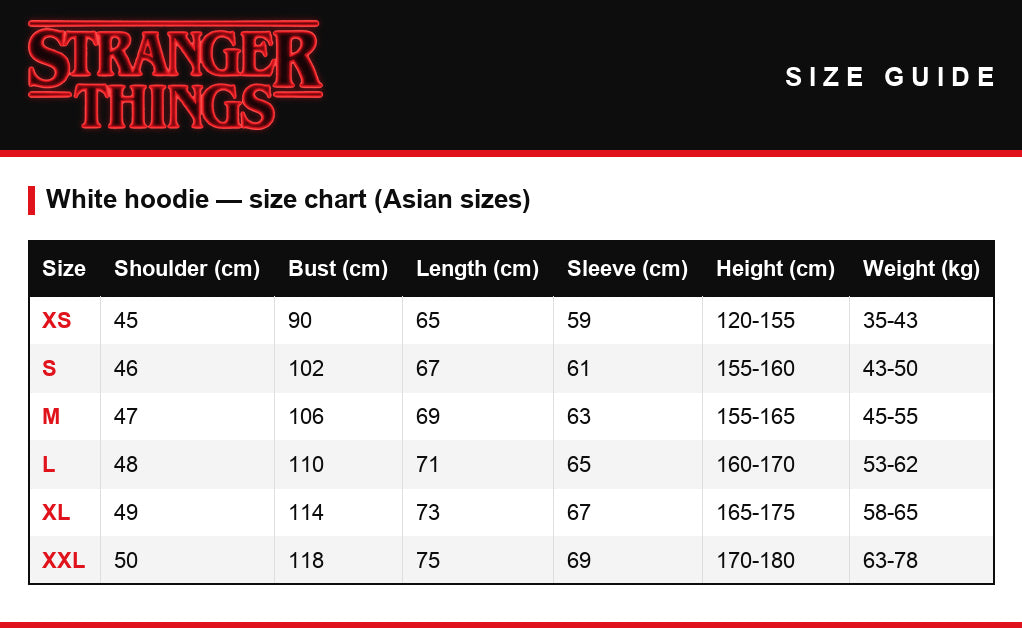 Size guide – White Stranger Things hoodie no Demogorgon sign