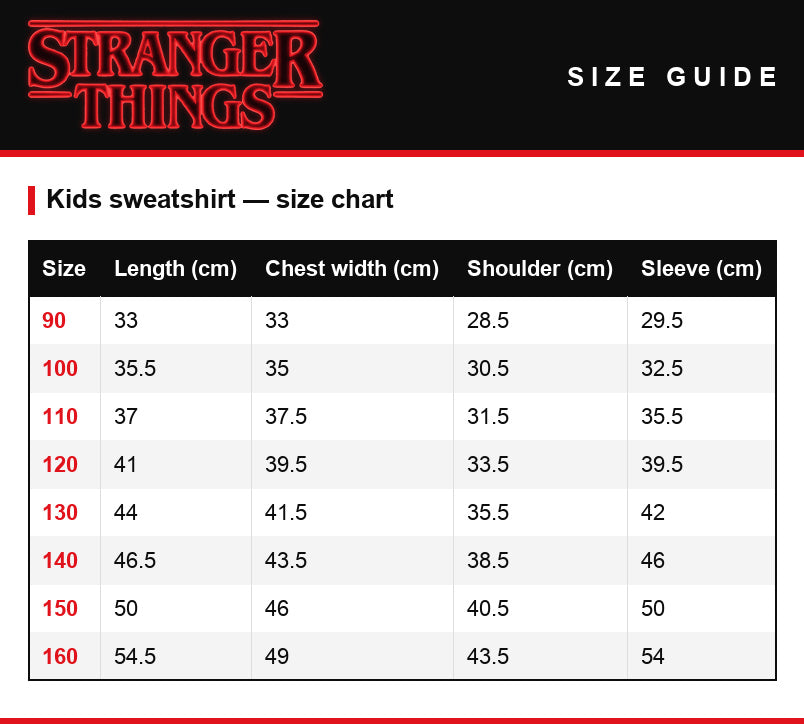 Size guide – Kids' sweatshirt Stranger Things Hawkins Strange School 1983