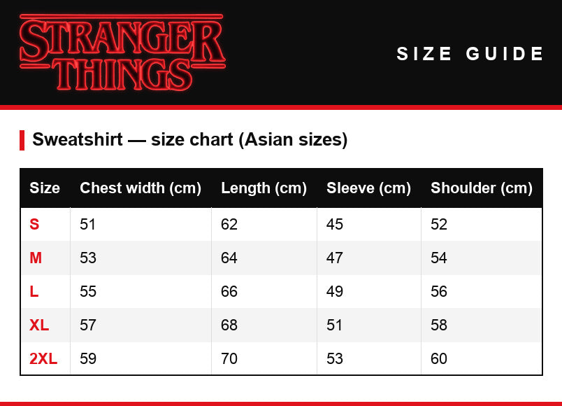 Size guide – Sweatshirt Stranger Things Hawkins Middle School men's