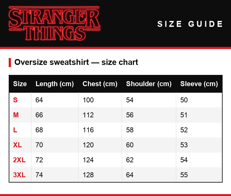 Size guide – Crewneck sweatshirt Stranger Things Hawkins High School tiger