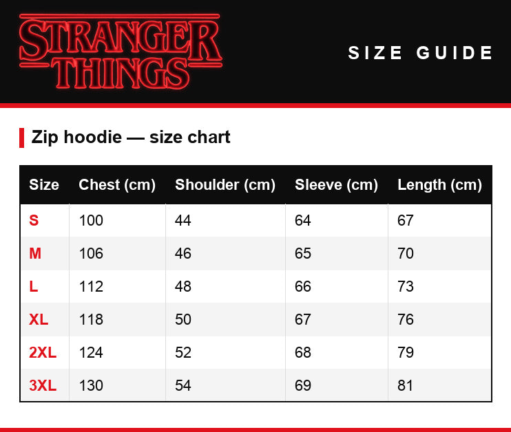 Size guide – Zip hoodie Stranger Things Demogorgon Live 1987