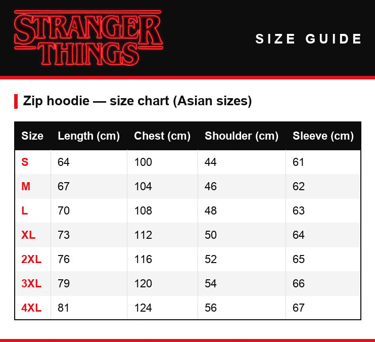 Size guide – Zip sweatshirt Stranger Things Demogorgon Live black and white