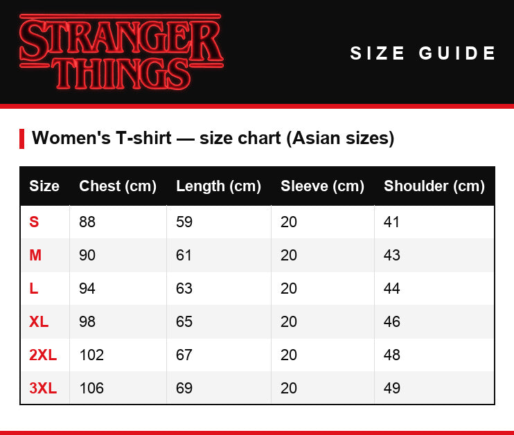 Size guide – Women's T-shirt Stranger Things Hawkins High School tiger 1983