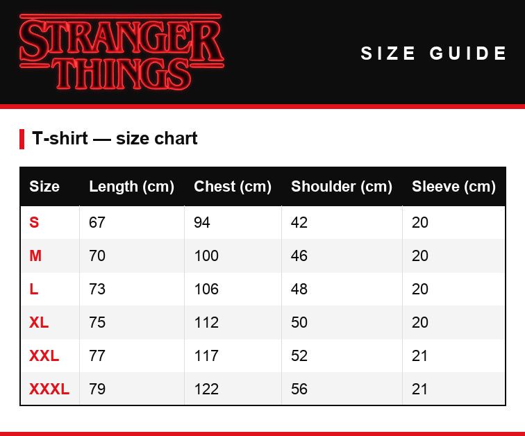 Size guide – Women's T-shirt Stranger Things Hawkins Strange School 1983